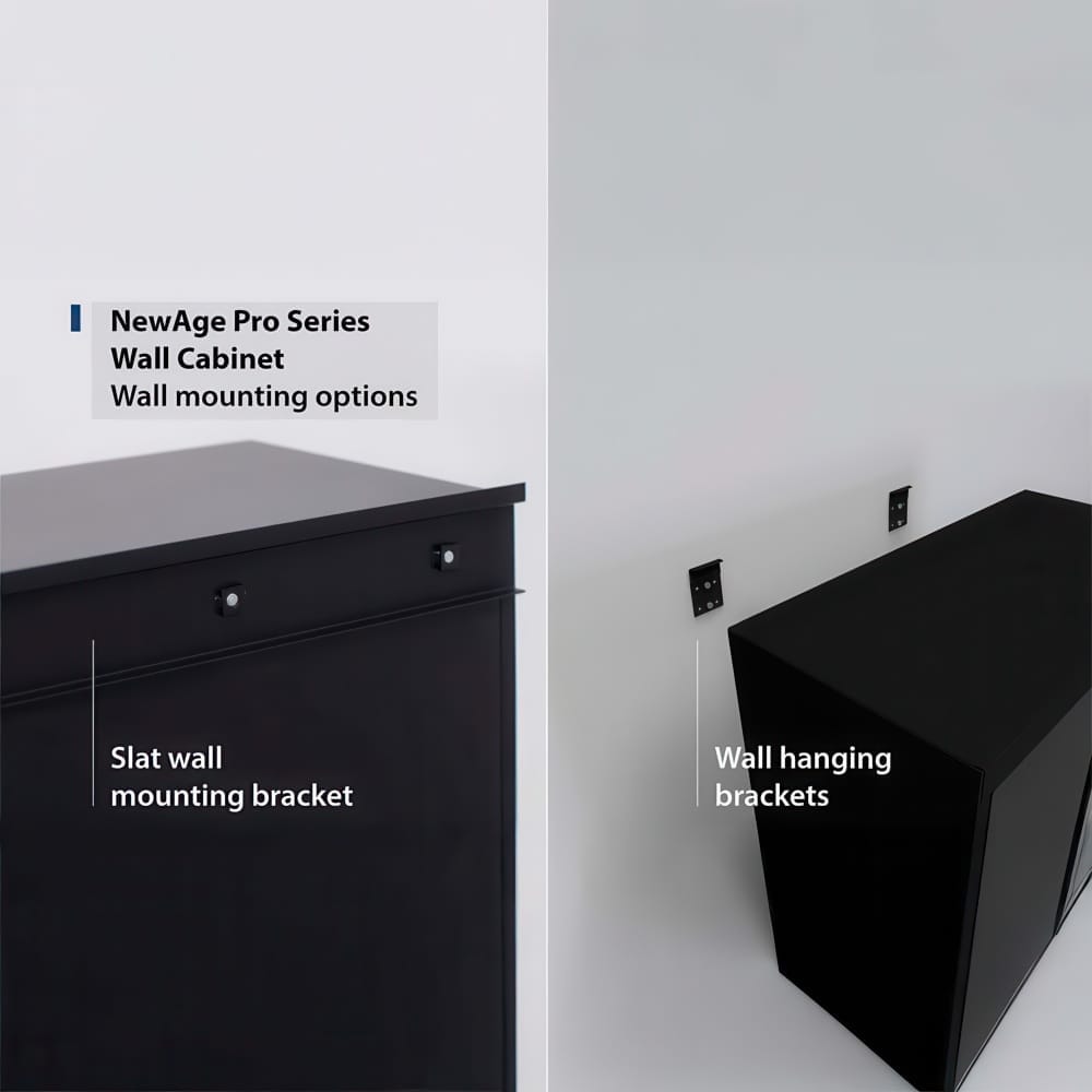 Side By Side View Of NewAge Pro Series Wall Cabinet Showing Slat Wall Mounting Bracket And Wall Hanging Brackets As Different Installation Options