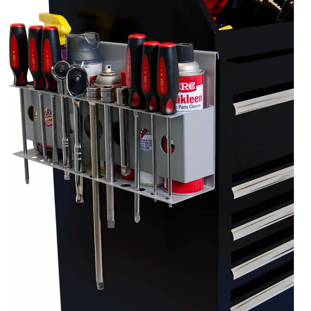 Side Mounted Tool Organizer Attached To A Black Tool Chest Holding Various Screwdrivers, Wrenches, And Cans