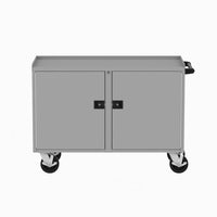 Silver 48 Inch Valley Craft Workbench On Wheels With Two Doors And A Handle On The Side
