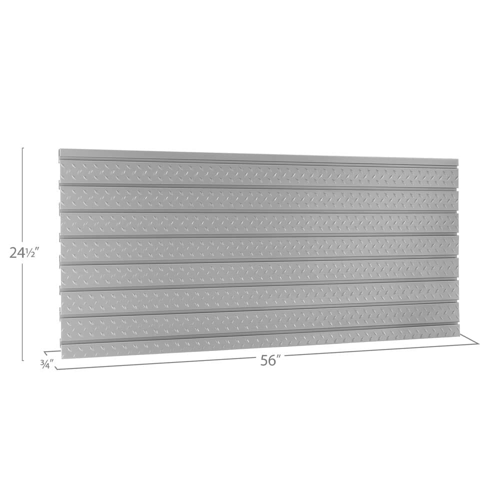 Silver Diamond Plate Slatwall Panel With Labeled Dimensions For Garage Storage