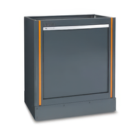 Single Door Workshop Base Cabinet With Sleek Steel Panel And Orange Frame Accents
