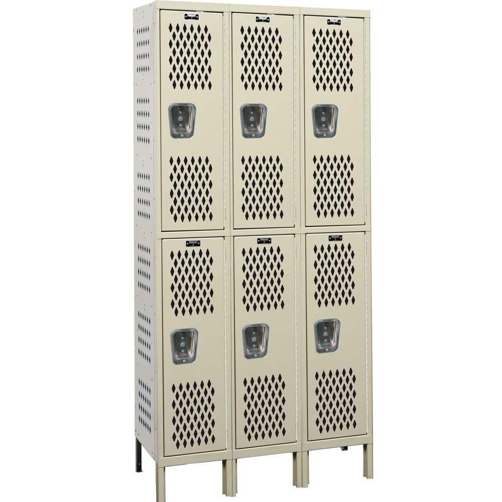 Six-Compartment HDV Locker Double Tier 3-Wide Tan Unassembled By Hallowell With Perforated Doors And Built-In Handles