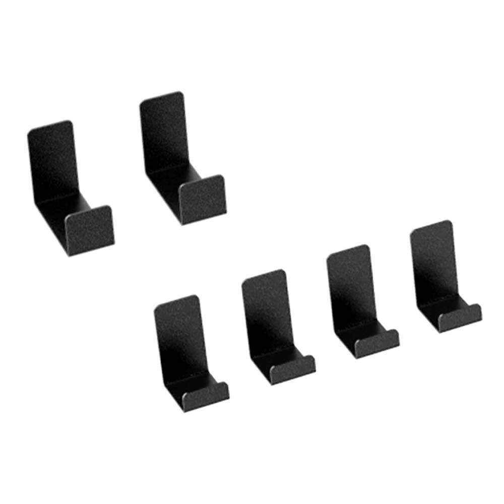 Six Black Metal Versarac Hooks Of Two Different Sizes Arranged On A White Background