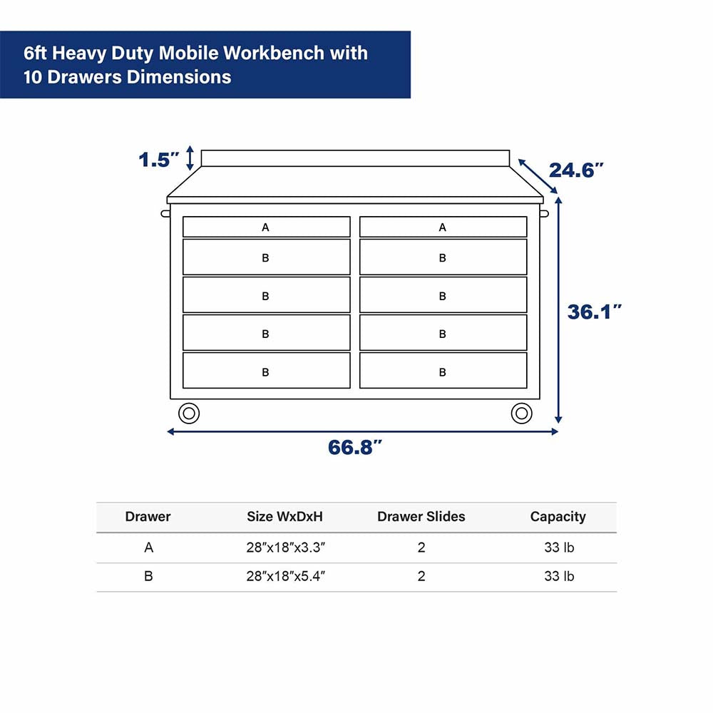 Six Foot Heavy Duty Mobile Workbench Dimensions Diagram