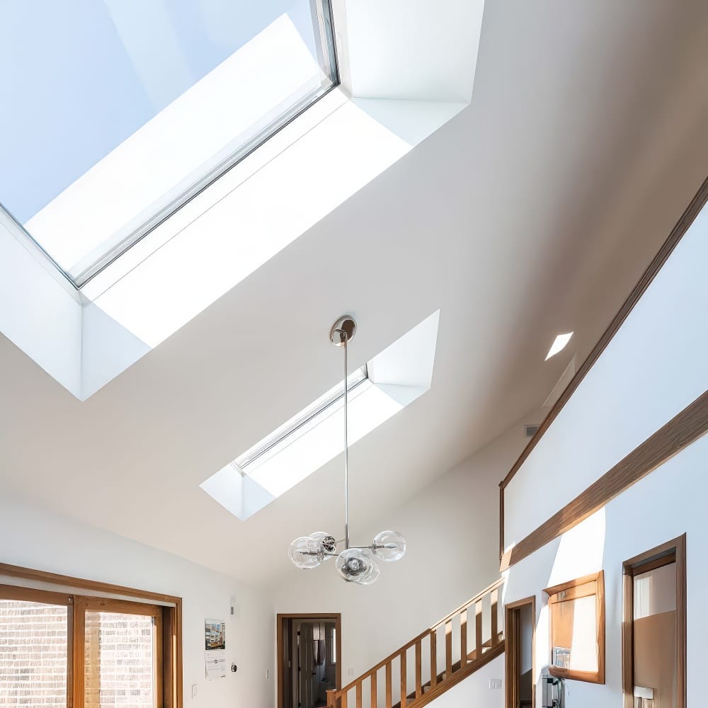 Slanted Ceiling Interior With Two Large Skylights Above A Staircase And A Hanging Glass Ball Light Fixture