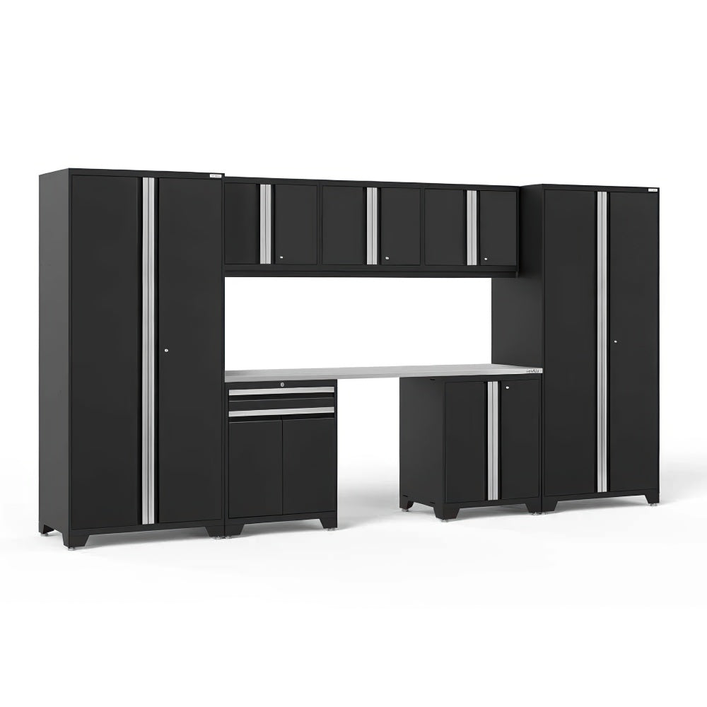  Sleek Black Garage Cabinet Set With Tall Towers Overhead Cupboards Long Worktop And Base Storage Drawers