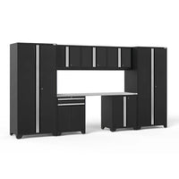 Sleek Black Garage Cabinet Set With Tall Towers Overhead Cupboards Long Worktop And Base Storage Drawers
