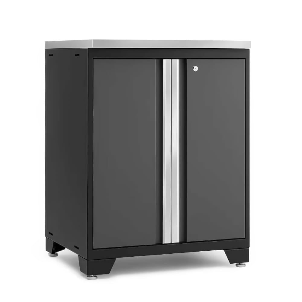 Sleek Black Two Door Cabinet With Silver Handle And Adjustable Feet