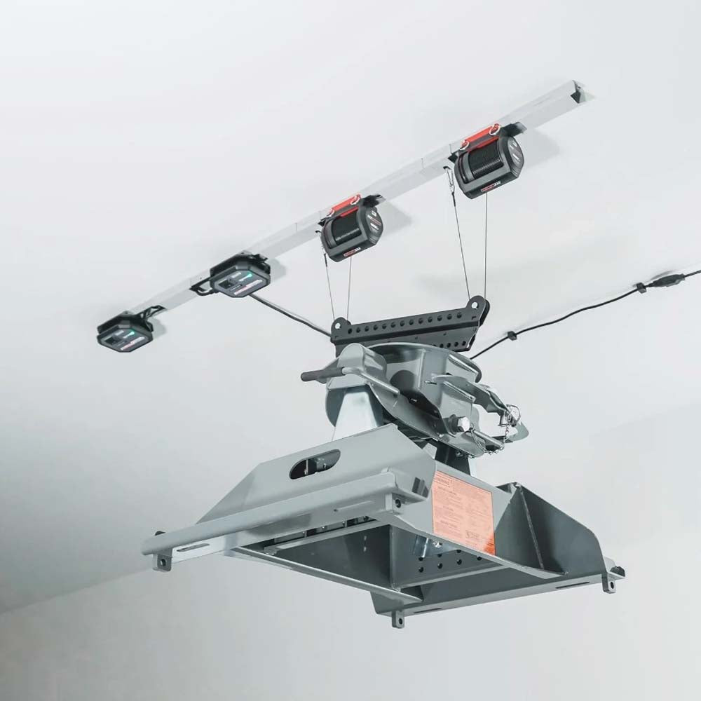 SmarterHome Fifth Wheel Hitch Lifting Device Mounted To The Ceiling Showcasing A Lifting Platform With Pulley And Cable System