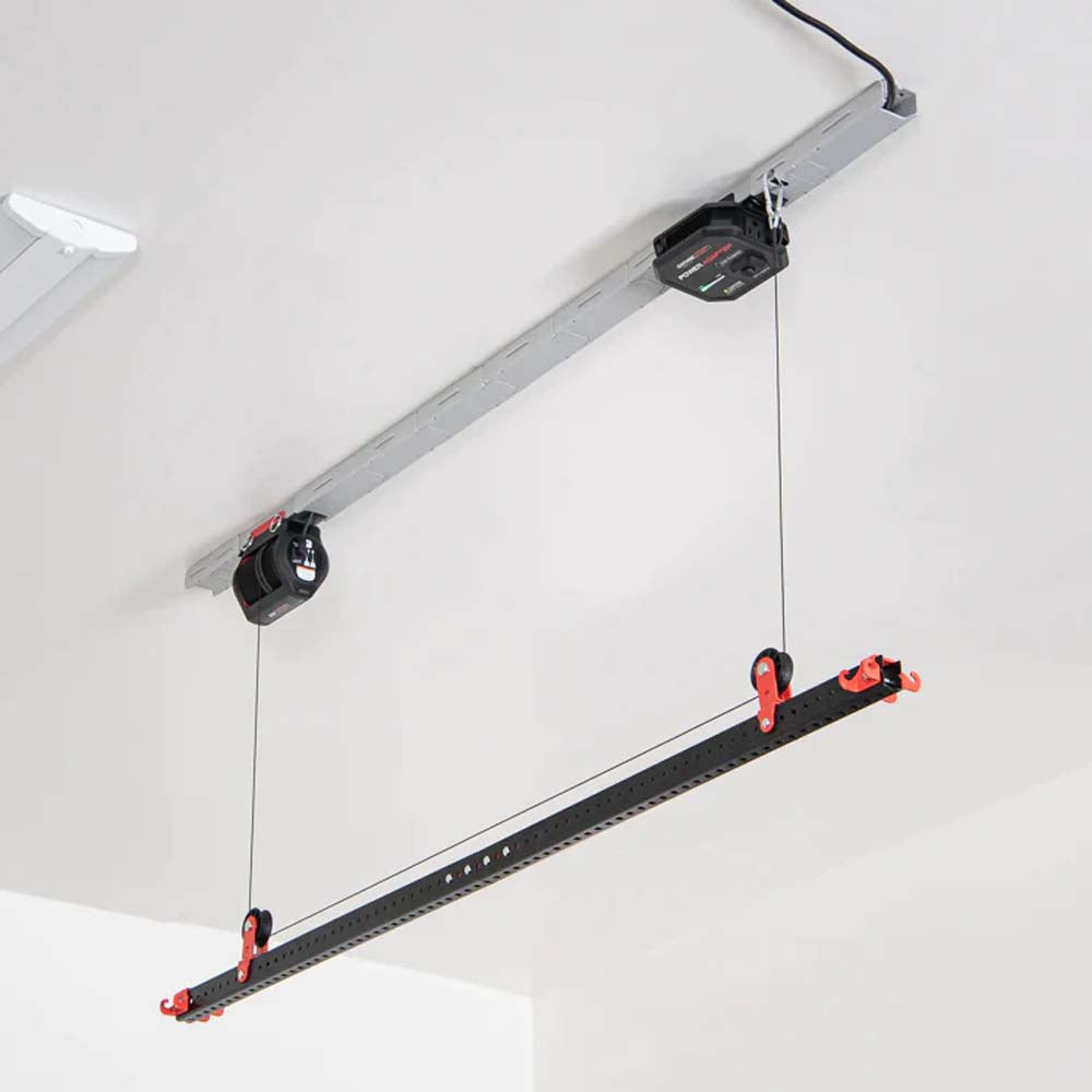 SmarterHome Motorized Garage Storage Lift With Winches And An Empty Bike Rack