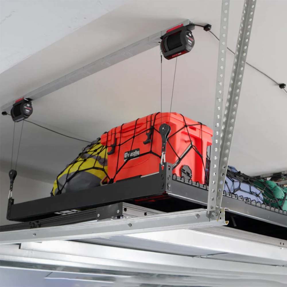Smarter Home Garage Platform Storage Lift Holding Outdoor Equipment Including A Kayak Secured With Black Straps