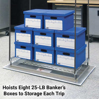 Attic lift platform loaded with eight 25-pound blue banker’s boxes, lowered to an office floor.