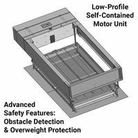 Isometric view of SpaceLift cargo lift with platform partially lowered, showcasing advanced safety features
