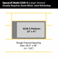 Diagram of SpaceLift Model 5228-S platform highlighting rough opening dimensions and minor joist reframing requirements.