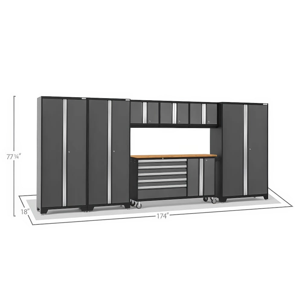 Spacious Garage Cabinet System In Dark Gray Is Displayed With Labeled Dimensions