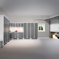Spacious Garage With L-Shaped Grey Cabinet System And Open Door Letting In Daylight