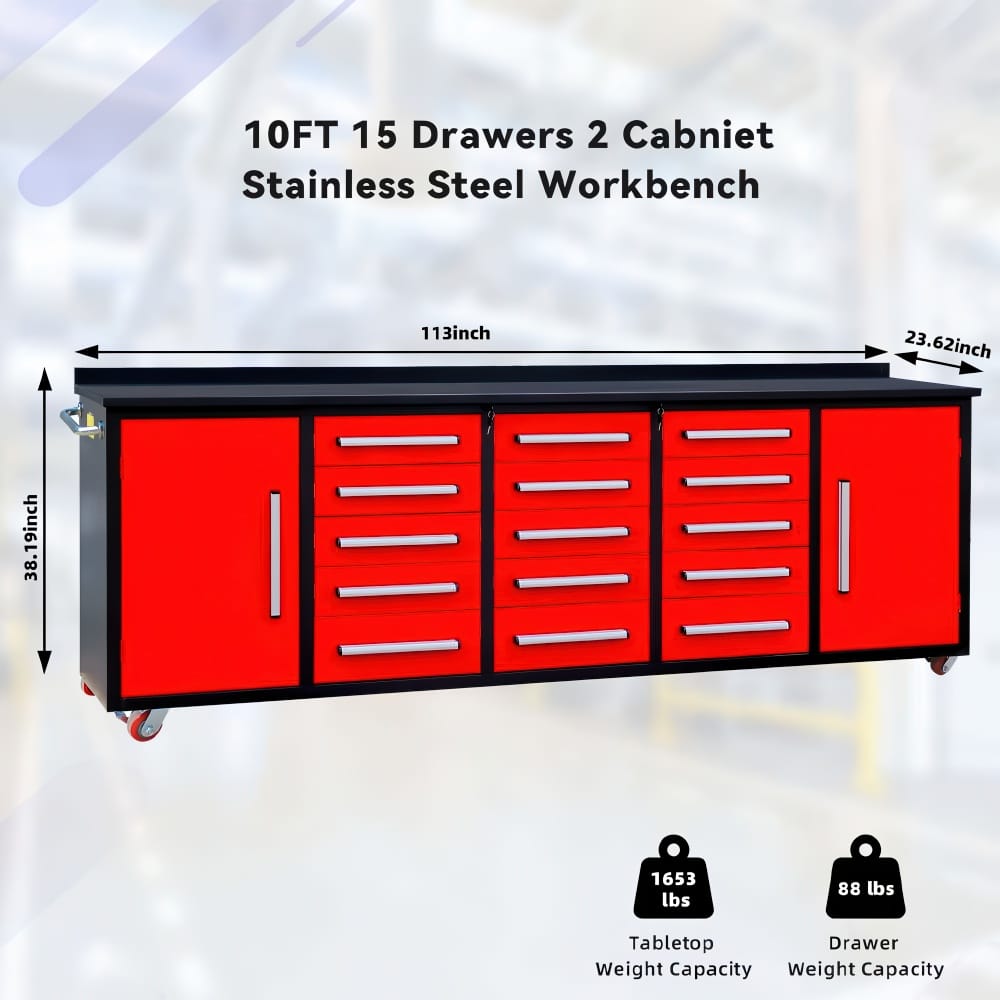 Specification Graphic Displays A Red And Black Stainless Steel Workbench Cabinet