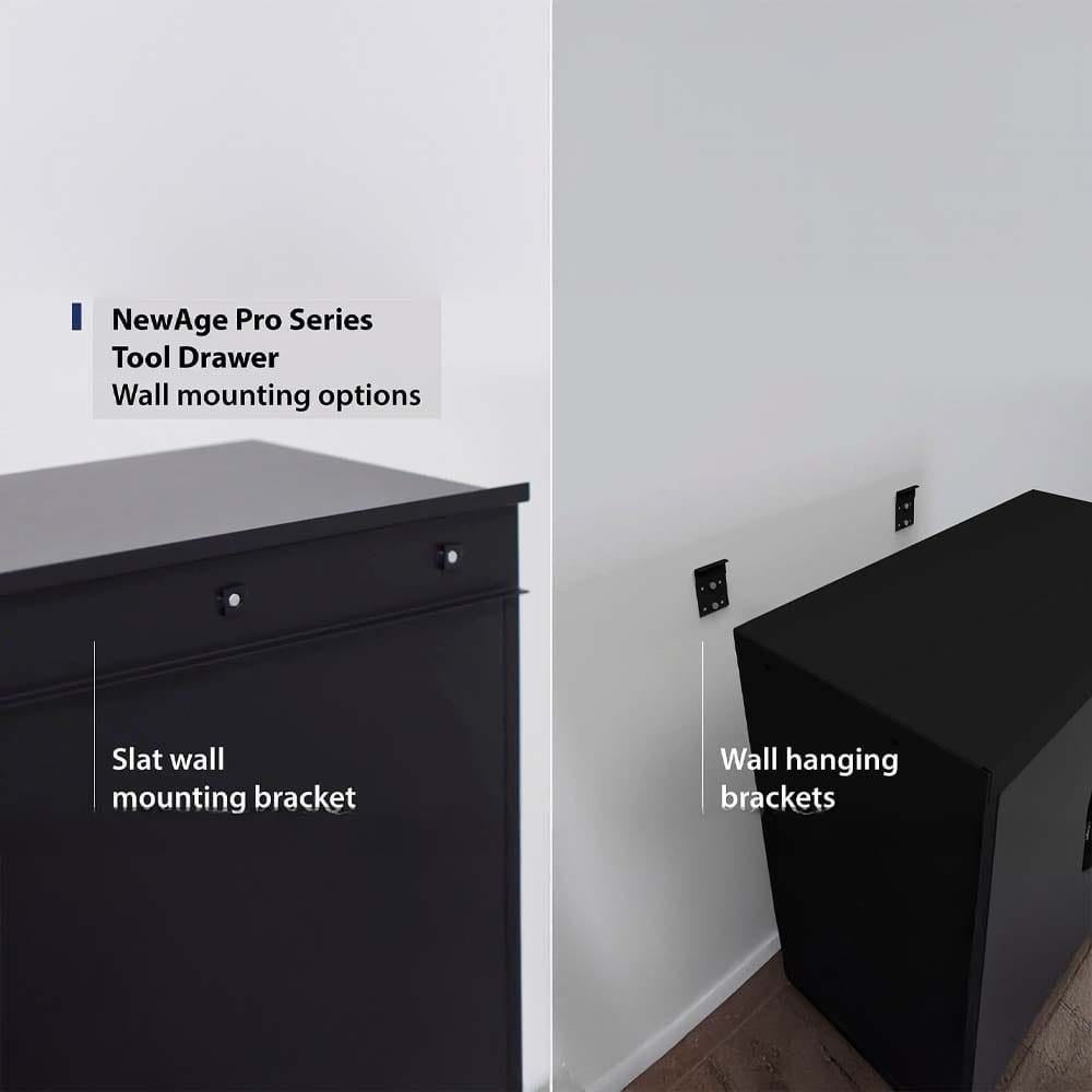 Split Image Showing Newage Pro Series Tool Drawer With Slat Wall Mounting Bracket On Left And Wall Hanging Brackets On White Wall On Right
