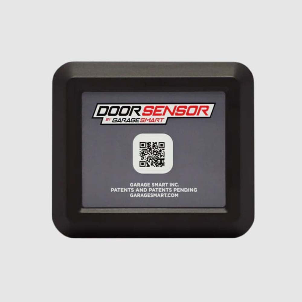 Square Black Door Sensor By Garage Smart Featuring A QR Code For Easy Setup And Access To Additional Information