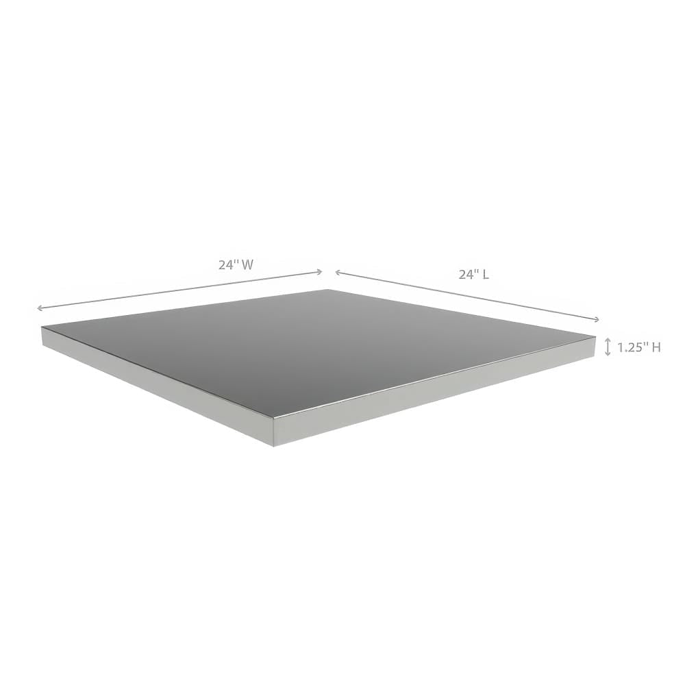 Square Stainless Steel Worktop Panel With Measurement Arrows Showing 24 Inch Width 24 Inch Length And 1.25 Inch Height