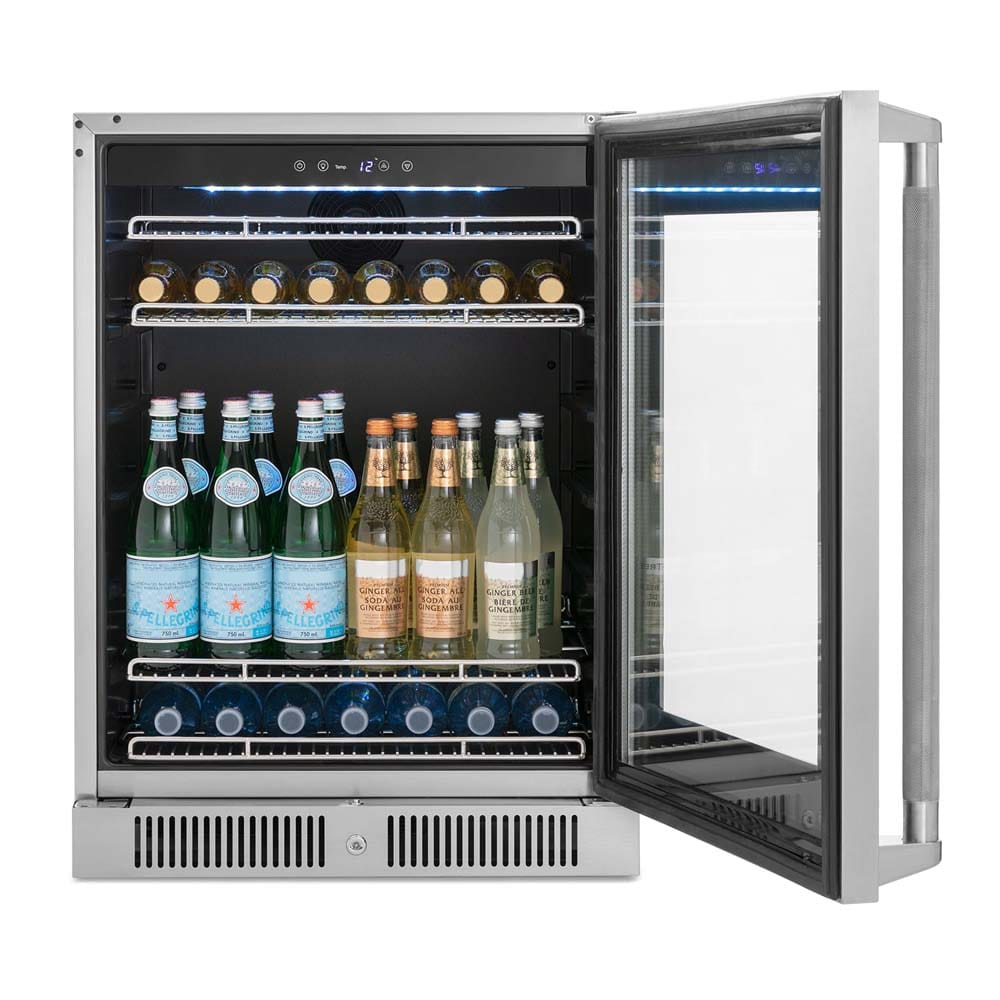 Stainless Steel Beverage Center With Glass Door Open Showing Rows Of Chilled Bottled Drinks