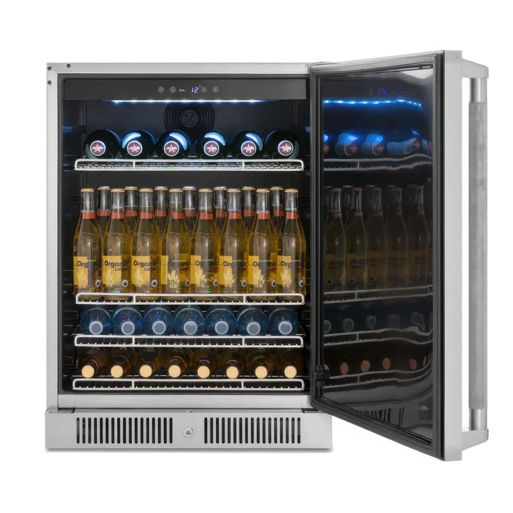 Stainless Steel Beverage Center With Glass Door Open Showing Shelves Stocked With Beer Bottles And Water