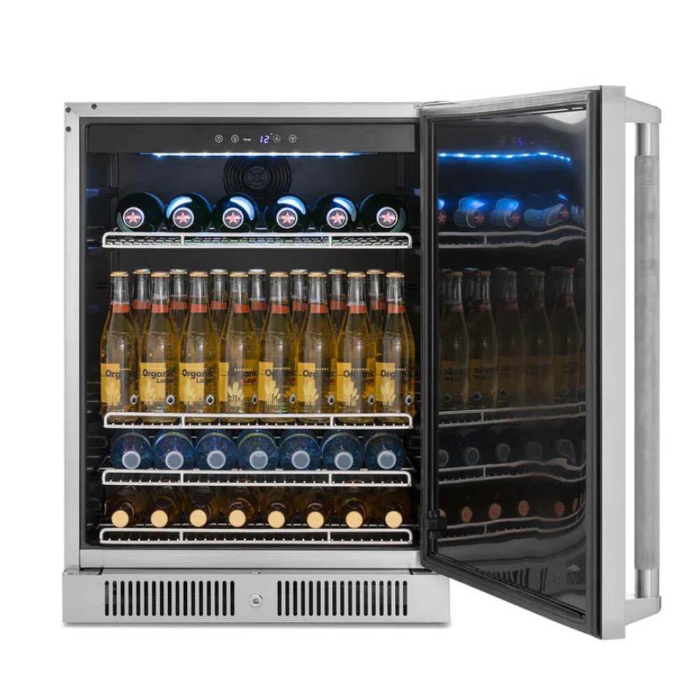 Stainless Steel Beverage Cooler With Its Glass Door Open Showcasing Neatly Organized Bottles