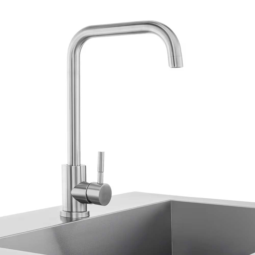 Stainless Steel Gooseneck Faucet With A Single Lever Handle Mounted On A Square Metal Sink