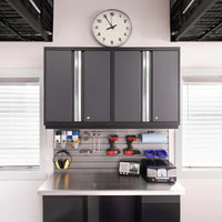 Stainless Steel Workbench Is Neatly Organized With Wall-Mounted Cabinets Tools And Supplies