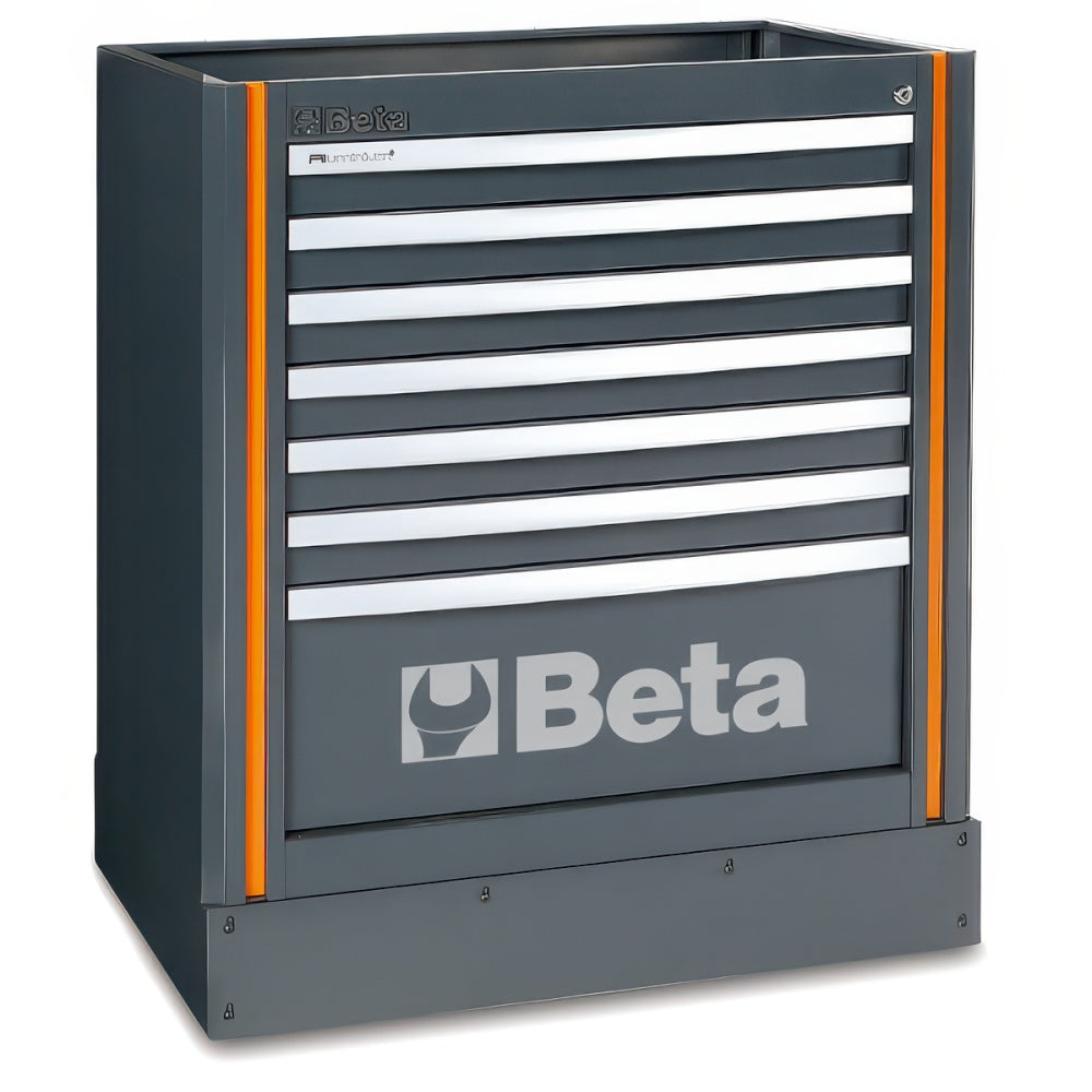 Stationary Gray Beta Tool Cabinet With Seven Drawers Silver Pull Handles Large Front Logo Orange Vertical Accents And Locking Top Panel
