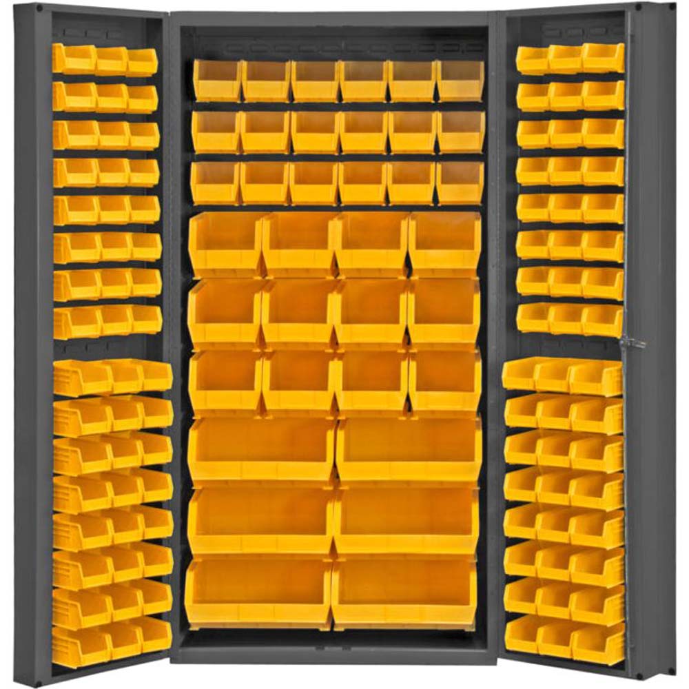Steel Cabinet 132 Bins Durham With Numerous Yellow Bins Arranged In Rows On The Inside Of The Doors And The Main Compartment