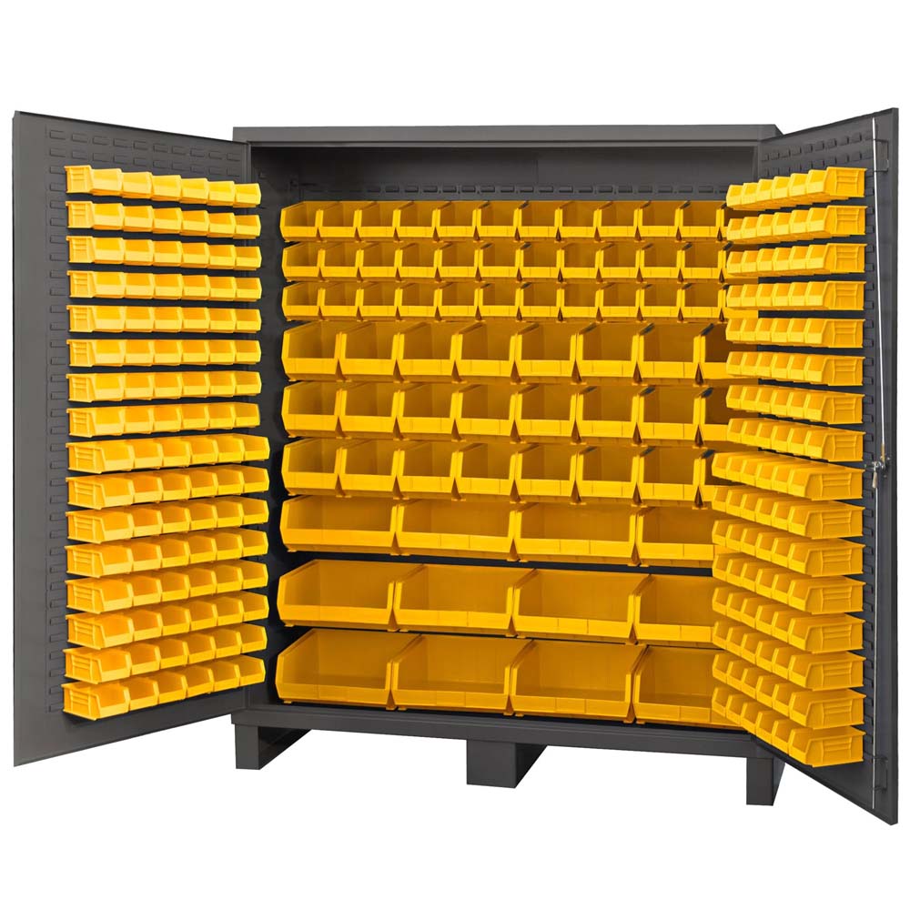 Steel Cabinet 72x24x84 With Bins With Numerous Yellow Plastic Bins Arranged On Shelves And Doors For Organizing Small Items