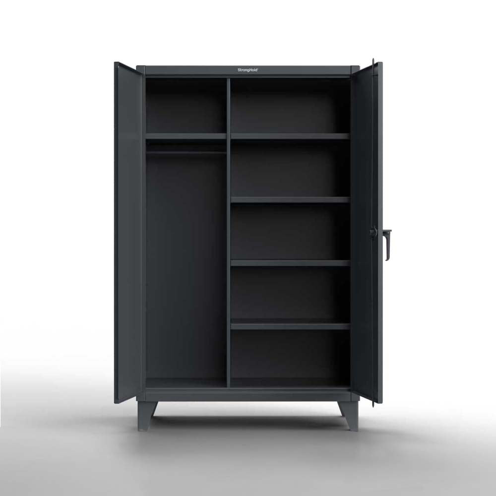 Steel Uniform Cabinet With 5 Shelves With One Side Featuring A Hanging Rod