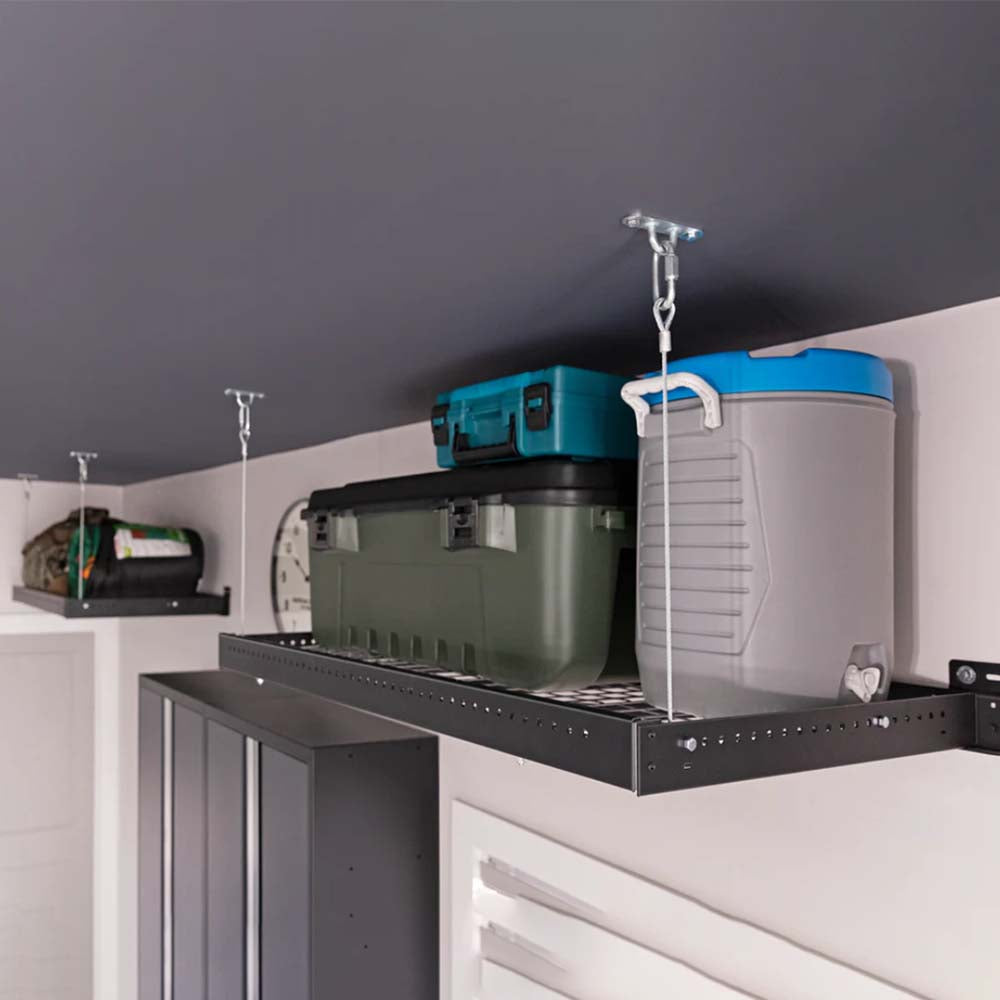 Storage Area Featuring A Pro Series 2 Ft X 8 Ft Steel Shelf 2PC Supported By Cables