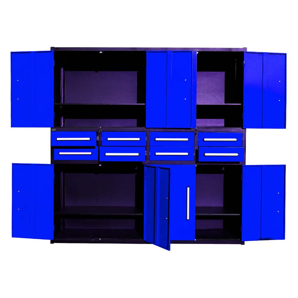 Storage Cabinet Showing Multiple Shelved Compartments With Center Drawers And Several Doors Swung Outward