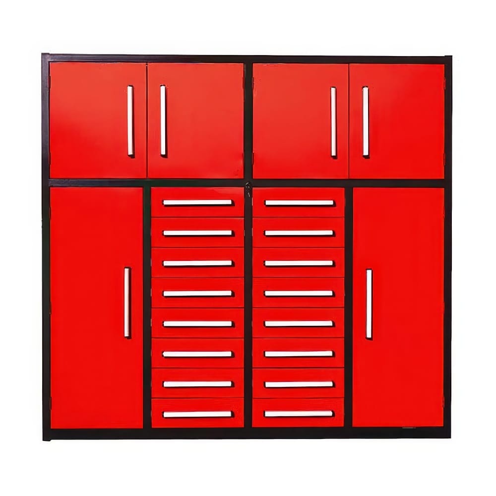 Storage Cabinet System Has Two Upper Door Cabinets Two Tall Side Doors And Two Center Drawer Stacks With Silver Handles