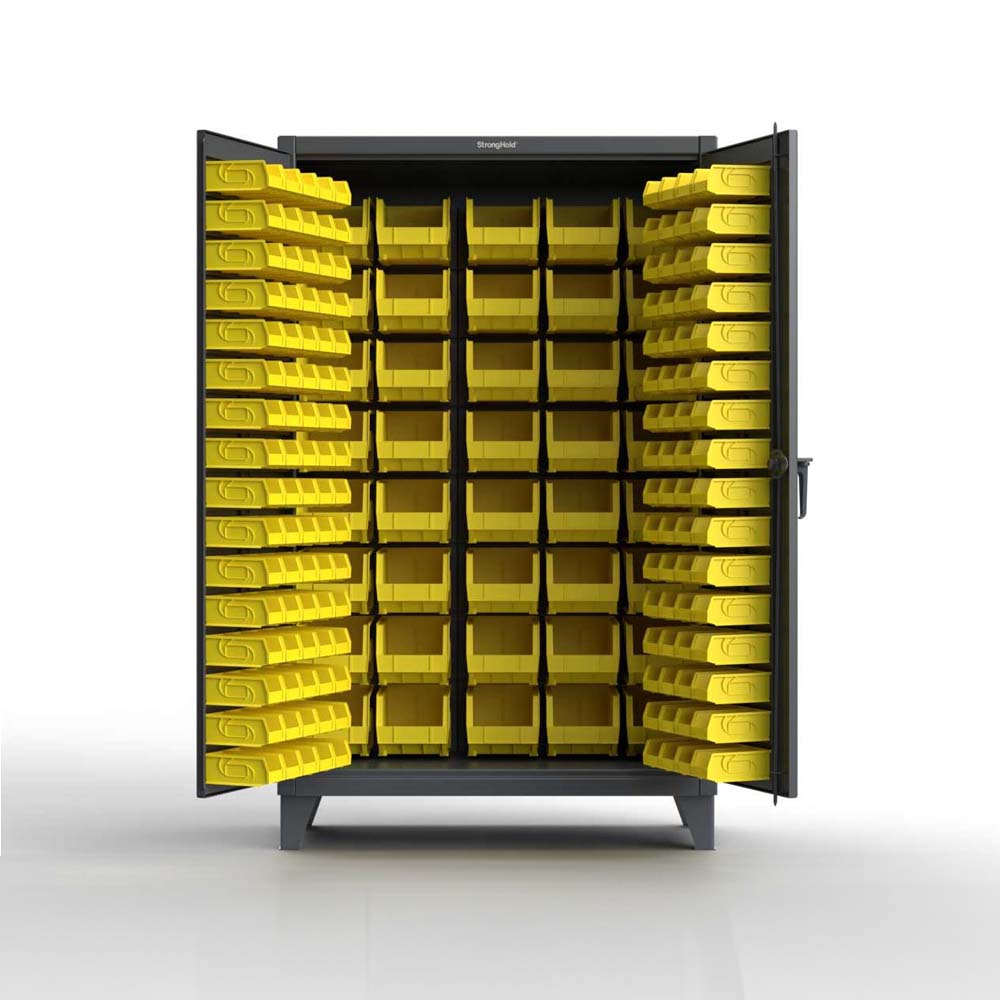 Strong Hold 46-BB-240-7024 With Open Doors Revealing Multiple Rows Of Yellow Bins Organized Inside