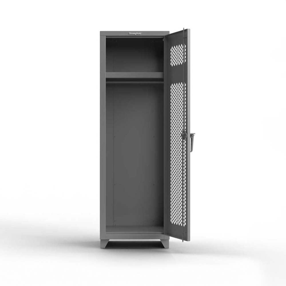Strong Hold Extra Heavy Duty Ventilated Locker With A Perforated Door Partially Open To Reveal An Interior Shelf