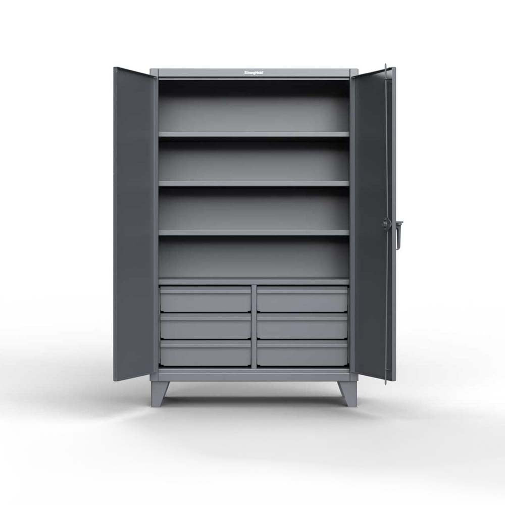 Strong Hold Extreme Duty 12 GA Cabinet With Drawers With Two Open Doors Featuring Three Shelves And Six Drawers At The Bottom