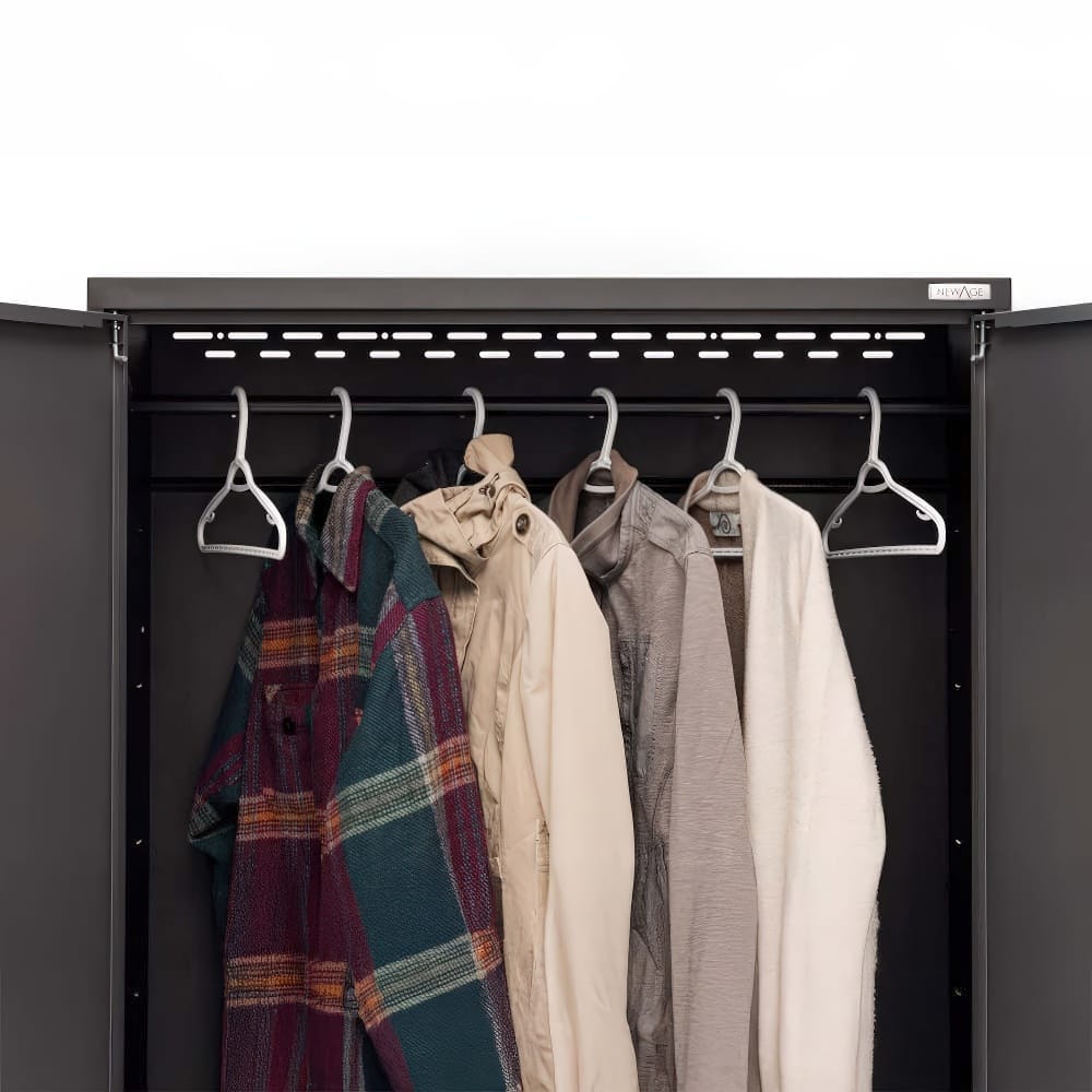 Tall Black Cabinet With A Mounted Hanging Rod Neatly Organizing A Row Of Jackets And Coats On Metal Hangers