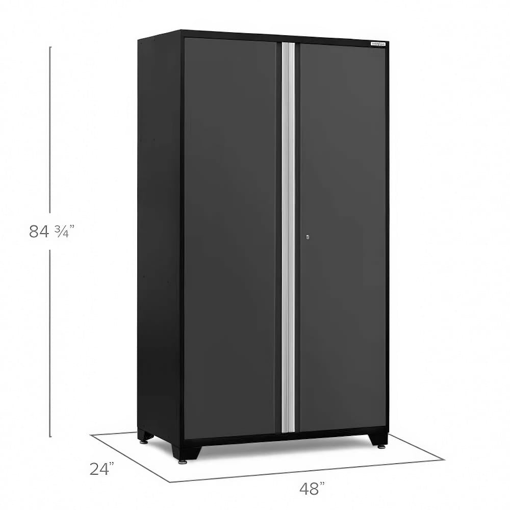 Tall Black Garage Cabinet With Gray Doors Silver Handle And Clearly Labeled Dimensions