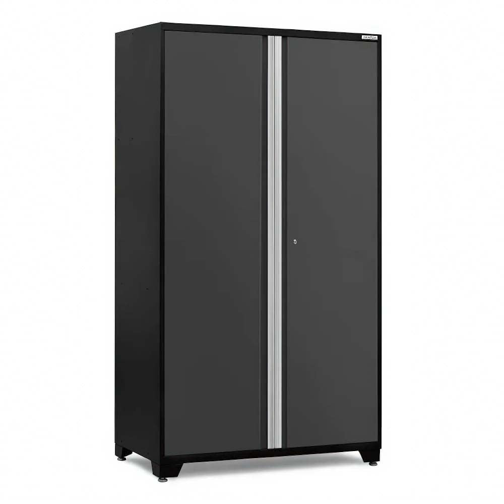 Tall Black Garage Cabinet With Sleek Gray Doors Silver Vertical Handle And Locking Mechanism