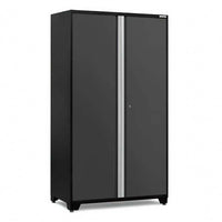 Tall Black Garage Cabinet With Sleek Gray Doors Silver Vertical Handle And Locking Mechanism