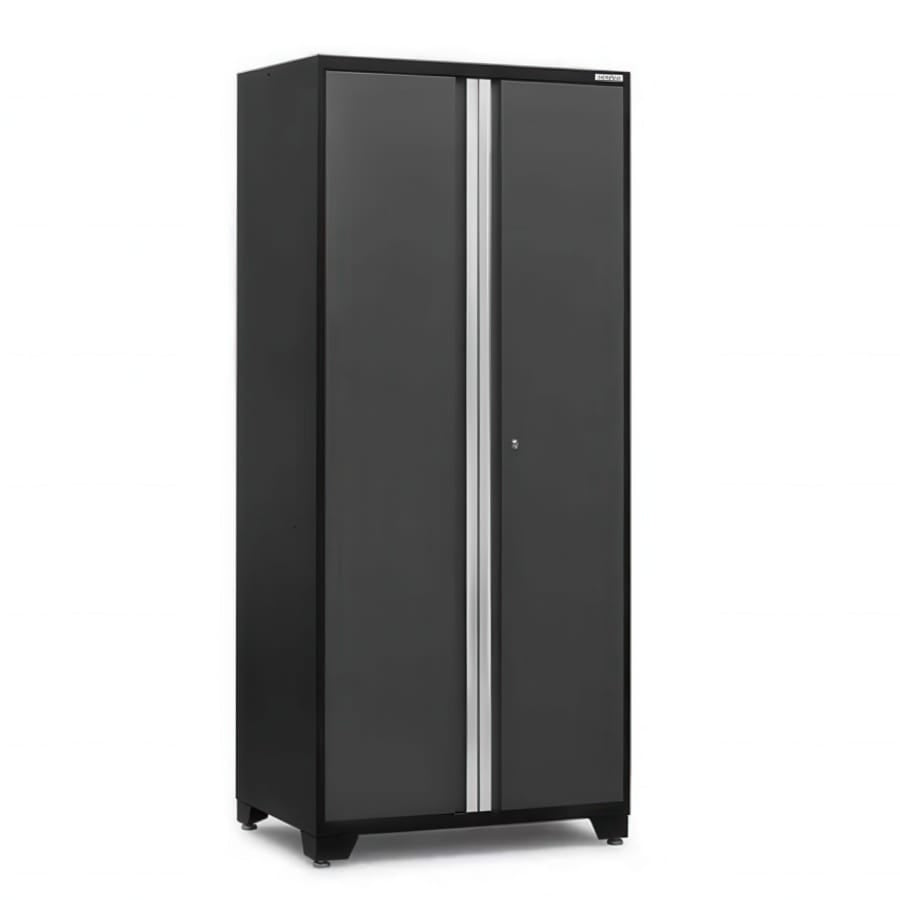 Tall Black Garage Storage Cabinet With Two Gray Doors And Center Silver Handle Strips On Short Feet
