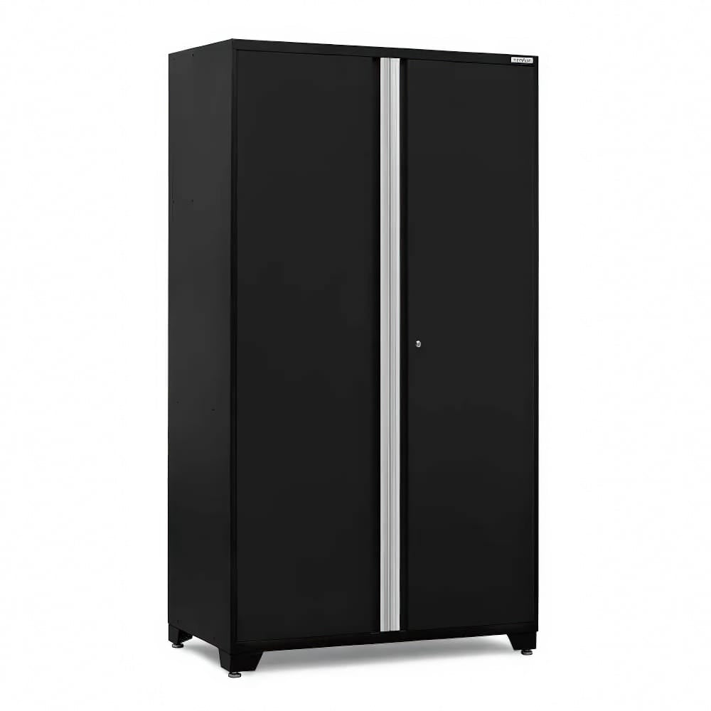 Tall Black Metal Cabinet With Two Locking Doors And Silver Accent Strips