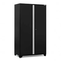 Tall Black Metal Cabinet With Two Locking Doors And Silver Accent Strips