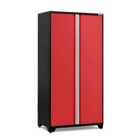 Tall Black Metal Storage Cabinet With Bright Red Double Doors And Silver Handle Strip