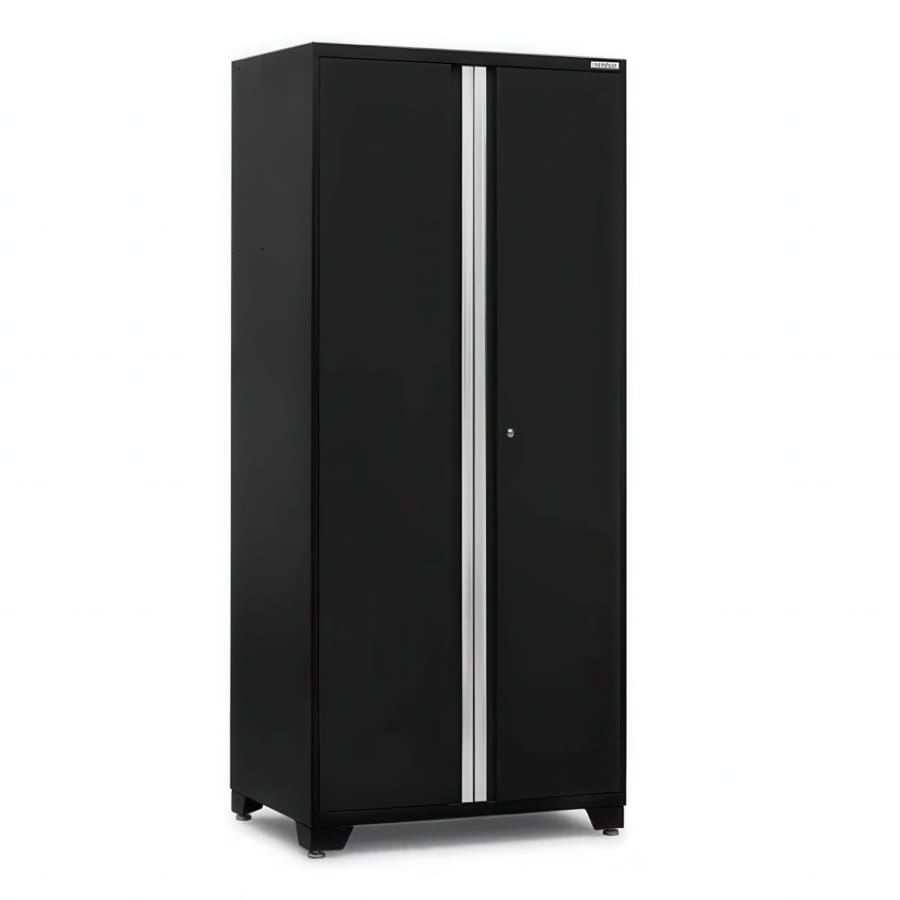 Tall Black Metal Storage Cabinet With Double Doors And Central Silver Handle Strip On Leveling Feet