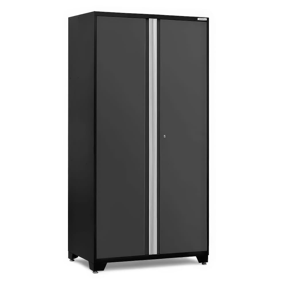 Tall Black Metal Storage Cabinet With Double Doors And Silver Center Handle
