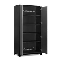 Tall Black Metal Storage Cabinet With Open Door Revealing Five Adjustable Shelves